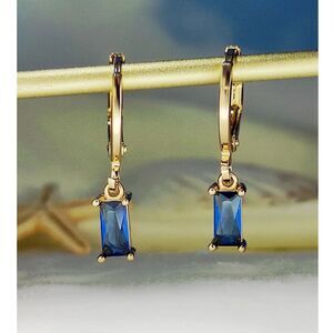 Emerald Cut Blue Rhinestone Pendant Gold Hoop Drop Earrings Dangle Crystal Charm
